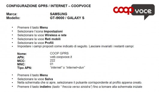 Configurazione APN WEB Coopvoce